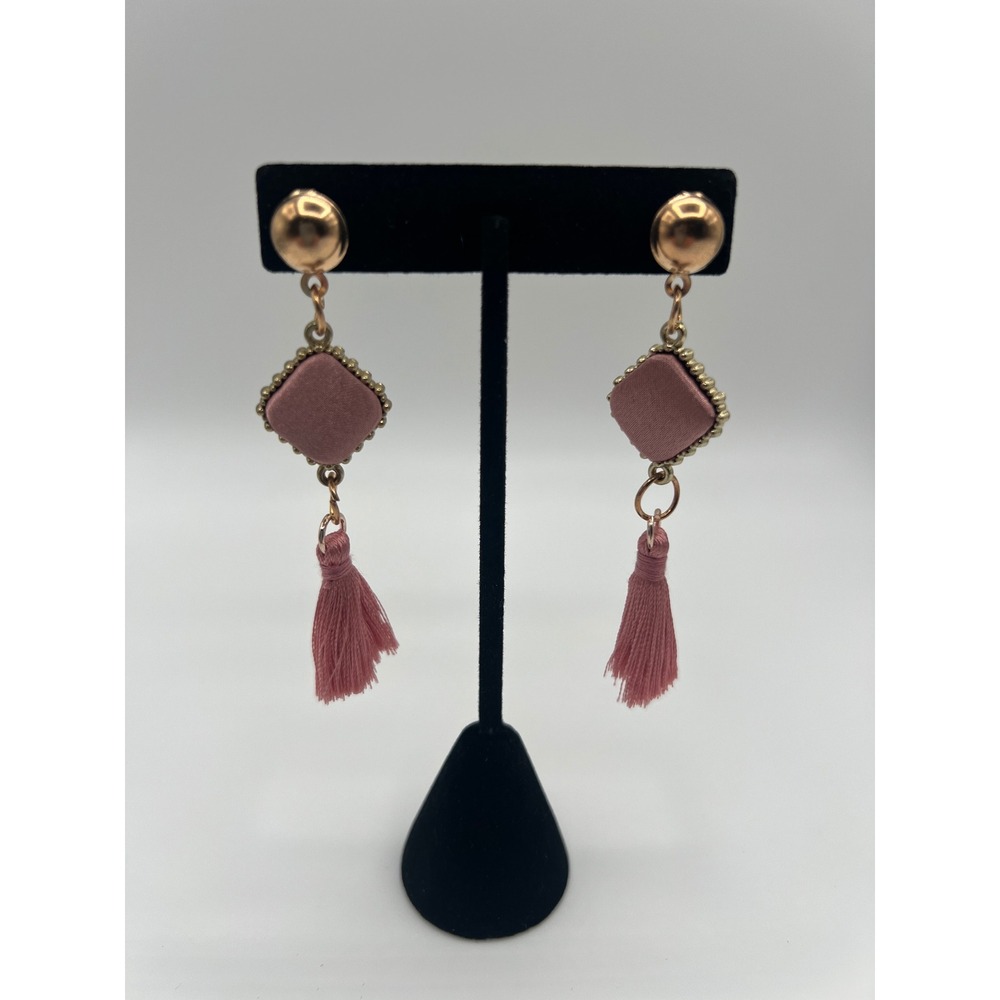 CJ Accessories Dusty Rose Tassel Drop Earrings Gold Tone Diamond Fabric Wrap